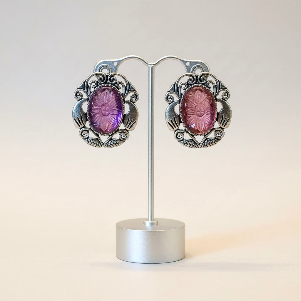 Silver Light Red Stone Statement Earrings | Vintage Floral Drop Jewelry