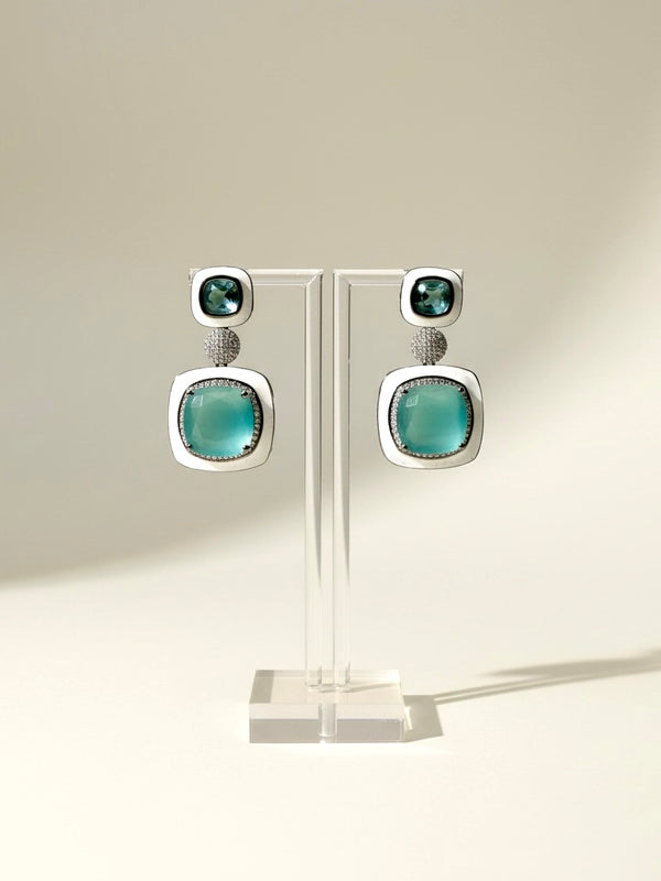 Teal Aqua Geometric Drop Earrings in Silver Tone | Modern Statement Jewelry