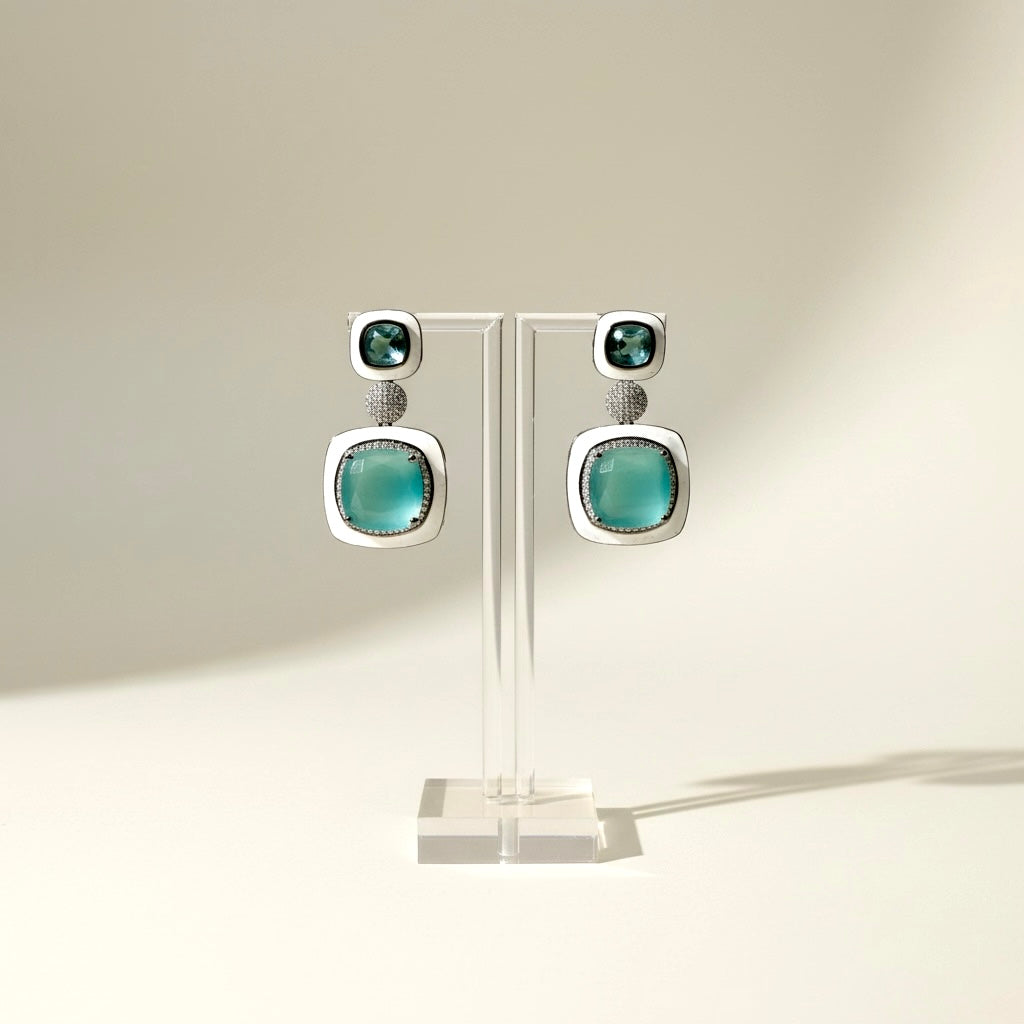 Teal Aqua Geometric Drop Earrings in Silver Tone | Modern Statement Jewelry