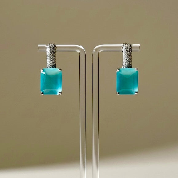 Teal Stone Drop Earrings with Crystal Bar | Modern Minimal Statement Jewelry