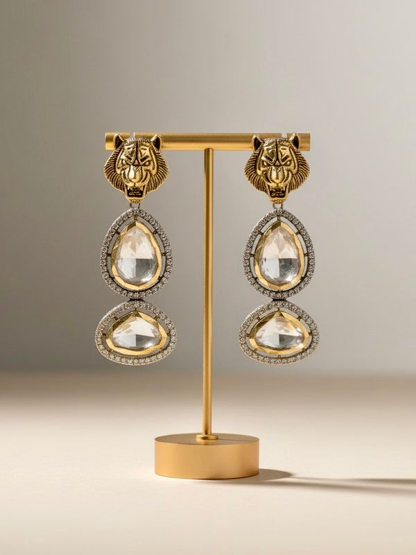 Tiger Motif Statement Earrings with Crystal Drop Detailing
