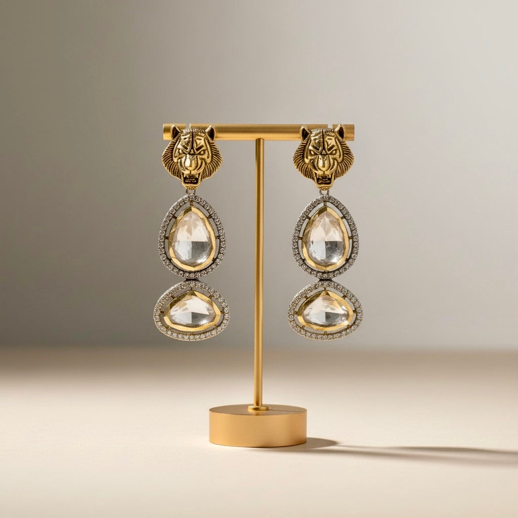 Tiger Motif Statement Earrings with Crystal Drop Detailing
