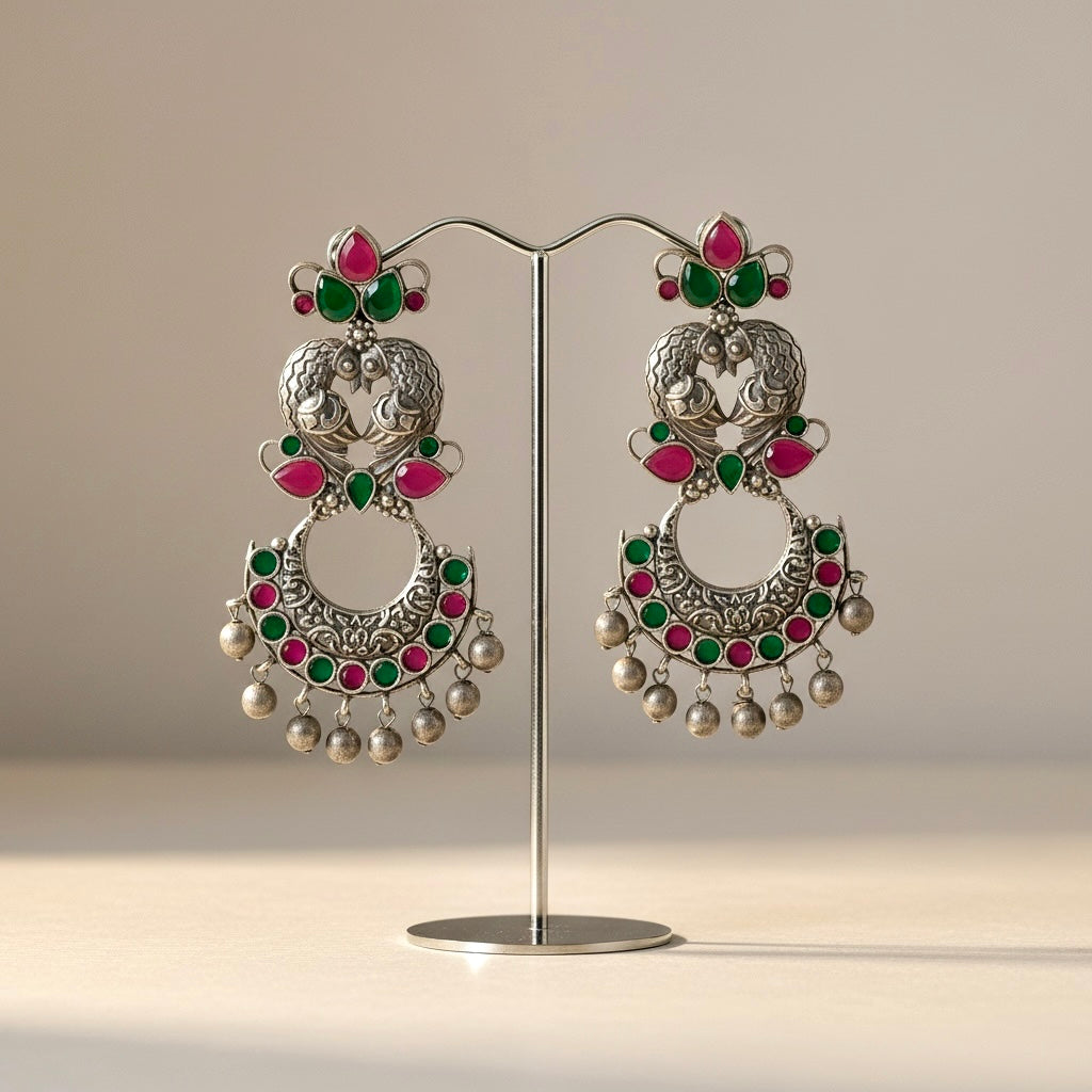 Traditional Oxidized Statement Earrings with Multicolor Stone Detailing