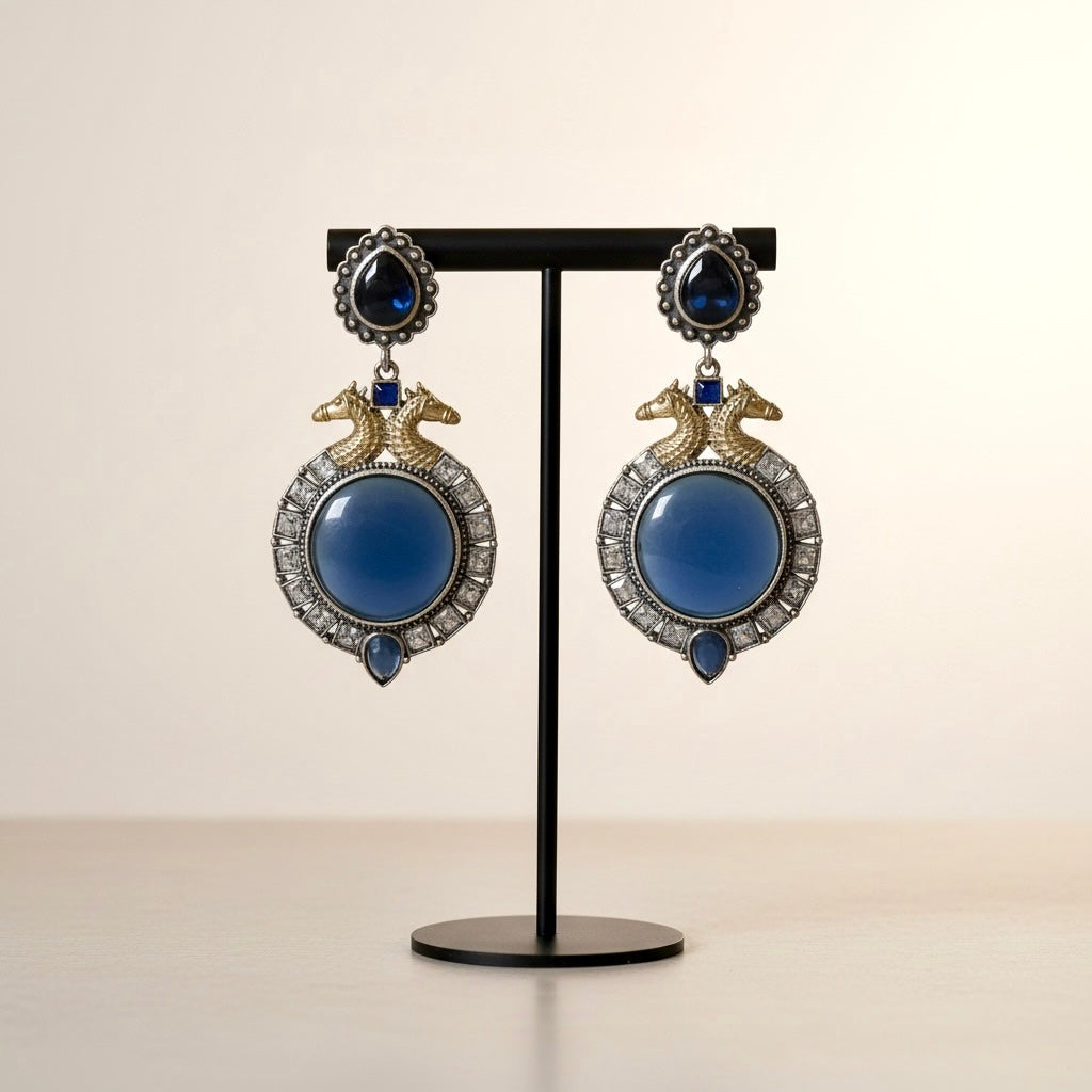 Vintage-Inspired Statement Earrings with Blue Stone & Dual Motif Detailing