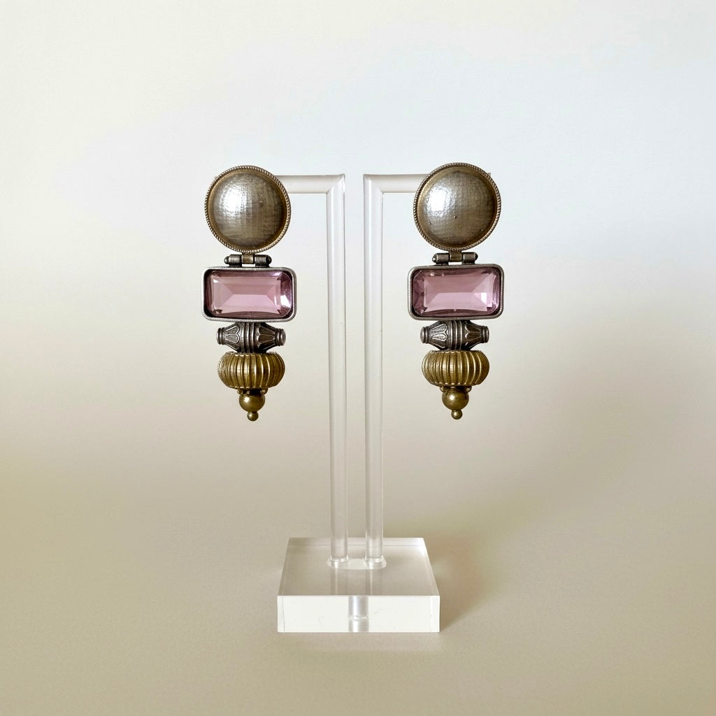 Vintage Gold & Blush Pink Statement Earrings | Antique Structured Drop Earrings