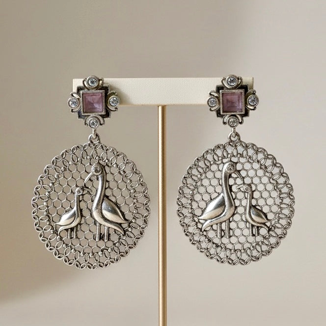 Vintage Silver Bird Motif Disc Earrings with Pink Stone | Artistic Statement Jewelry