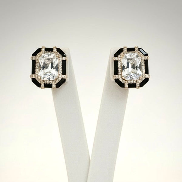 White Crystal Statement Stud Earrings with Gold Detailing | Elegant Evening Jewelry