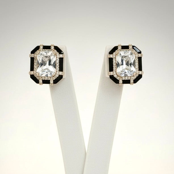 White Crystal Statement Stud Earrings with Gold Detailing | Elegant Evening Jewelry