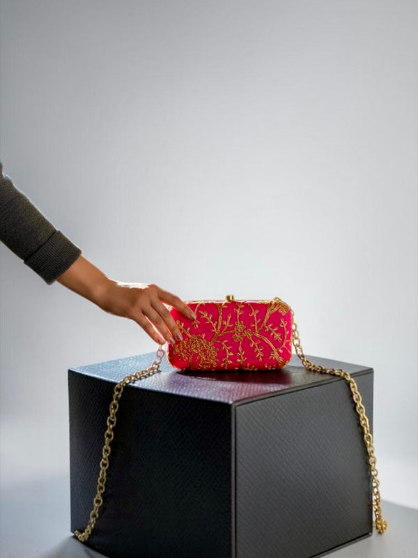 Hot Pink Embroidered Floral Clutch with Gold Threadwork & Chain Strap | Bridal & Party Statement Bag